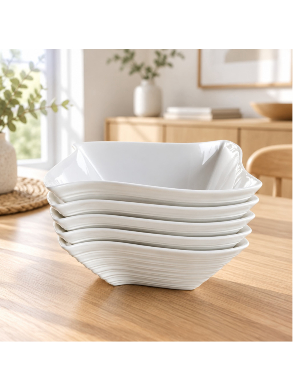 Set of 4 White Modern Wave Design Dinnerware Square Bowls Swirl Design Unique